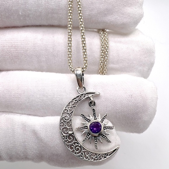 Genuine Amethyst .925 Sterling Silver Moon Necklace - Picture 3 of 13